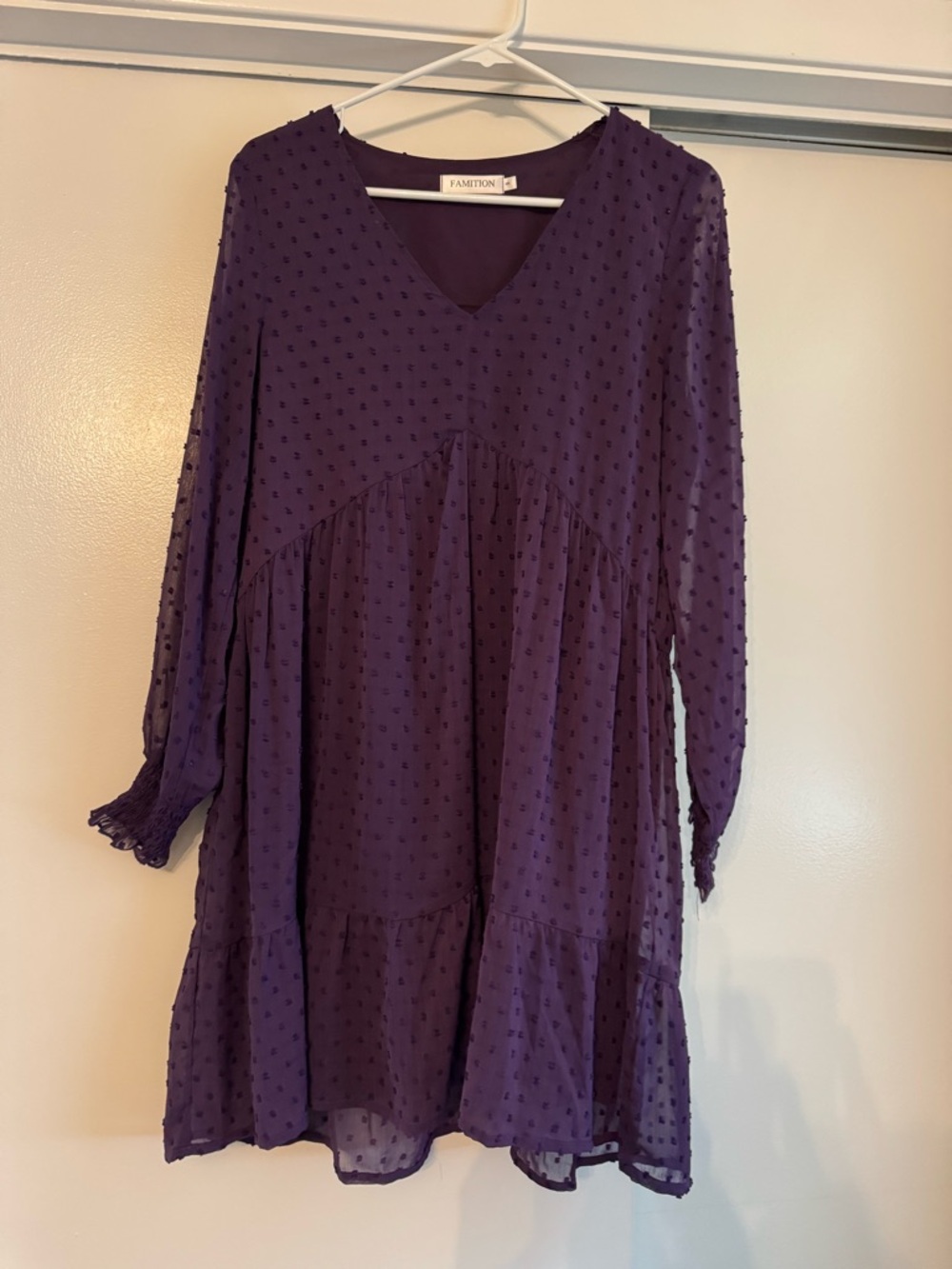 Famition Purple Swiss Dot V-Neck Shift Dress